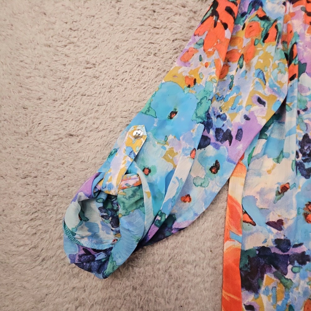 Figueroa Flower Women XL Shirt Floral Roll Tab Sleeve Boho Abstract Artsy Resort - Picture 5 of 13